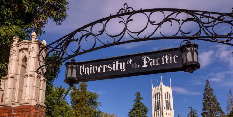 University of the Pacific sign with Burns Tower