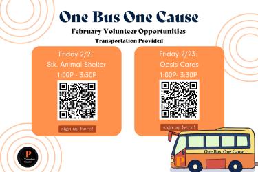 Volunteer Opportunity!  One Bus One Cause volunteer events through the Volunteer Center have started. We will provide transportation to and from the Oasis Cares from 1p.m. to 3:30 p.m.  Interested in signing up? Contact Jessica Serrano in the Volunteer Center at volunteercenter@pacific.edu 