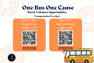 Volunteer Opportunity!  One Bus One Cause volunteer events through the Volunteer Center have started. We will provide transportation to and from Midtown Pantry from 1:00p.m. to 3:30 p.m.  Interested in signing up? Contact Jessica Serrano in the Volunteer Center at volunteercenter@pacific.edu 