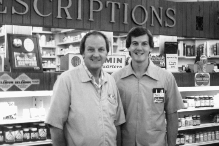 Robert P. Nickell and his father at his pharmacy in Southern California