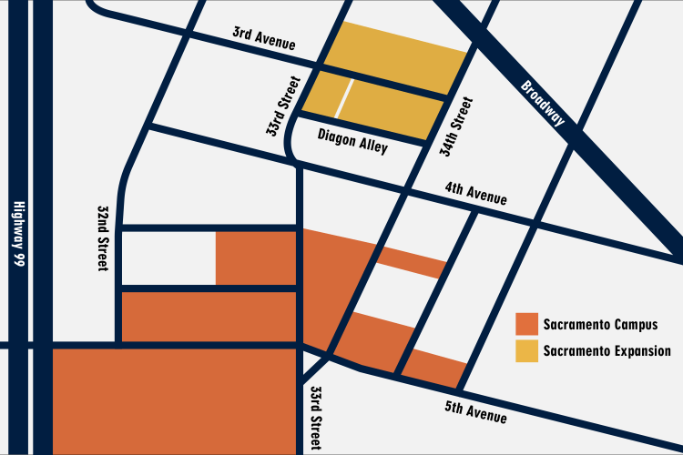 map depicting current Sacramento campus and expansion
