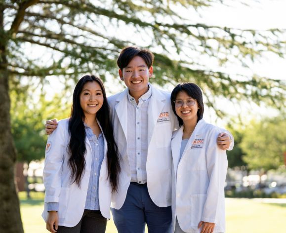 Three pharmacy students in white coats